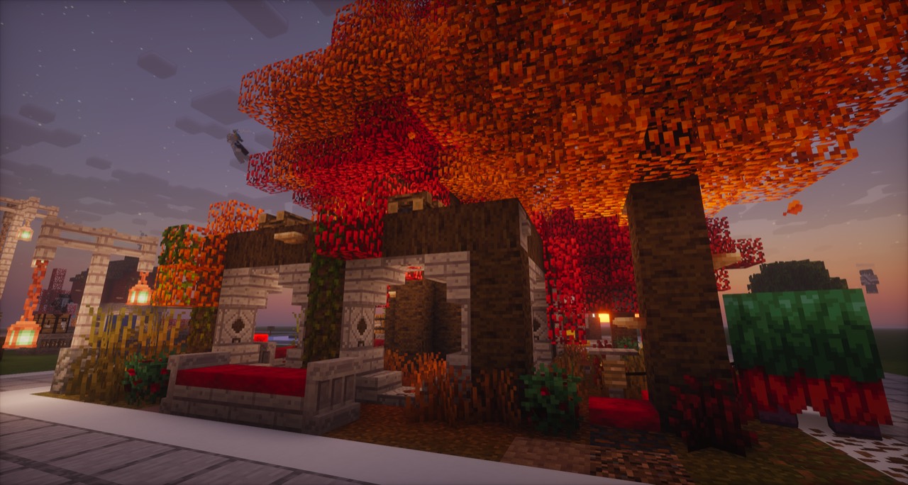 A FoxVale build beneath a bright red tree